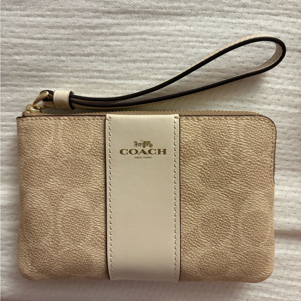 Coach Cream and Tan Wristlet Clutch
